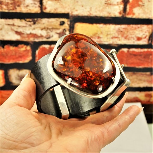 SUPER HUGE AMBER STERLING LEATHER RARE BRACELET 9 BY AMBERMODA UNISEX - Picture 13 of 16